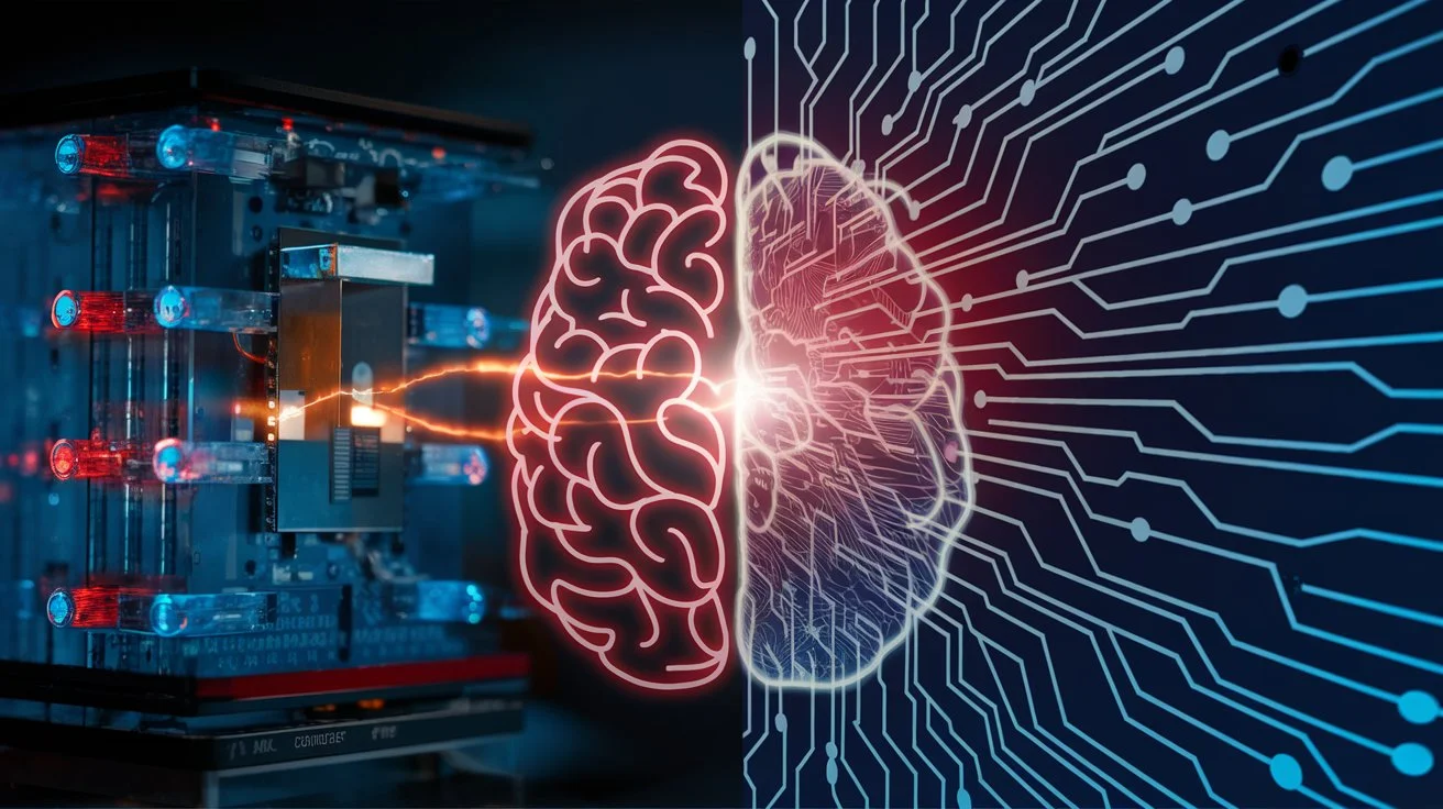 A quantum computer juxtaposed with AI graphics, symbolizing the synergy of Quantum AI.