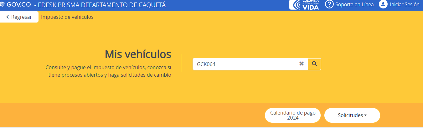 Pagina de liquidación de impuestos vehiculares en Caquetá.