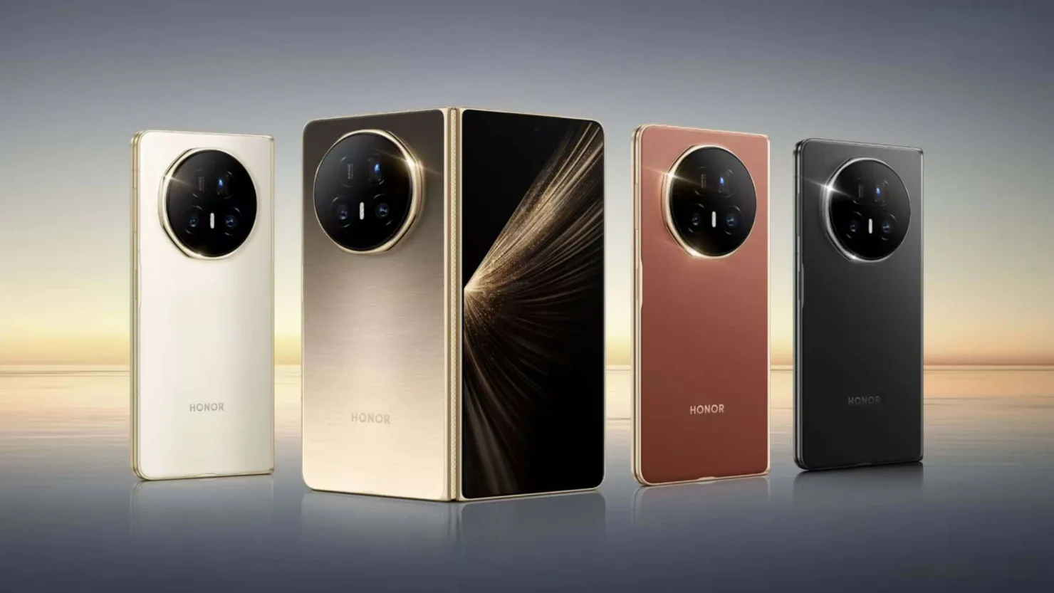 Honor Magic V5 phones in four different colors: white, gold, reddish brown, and black.