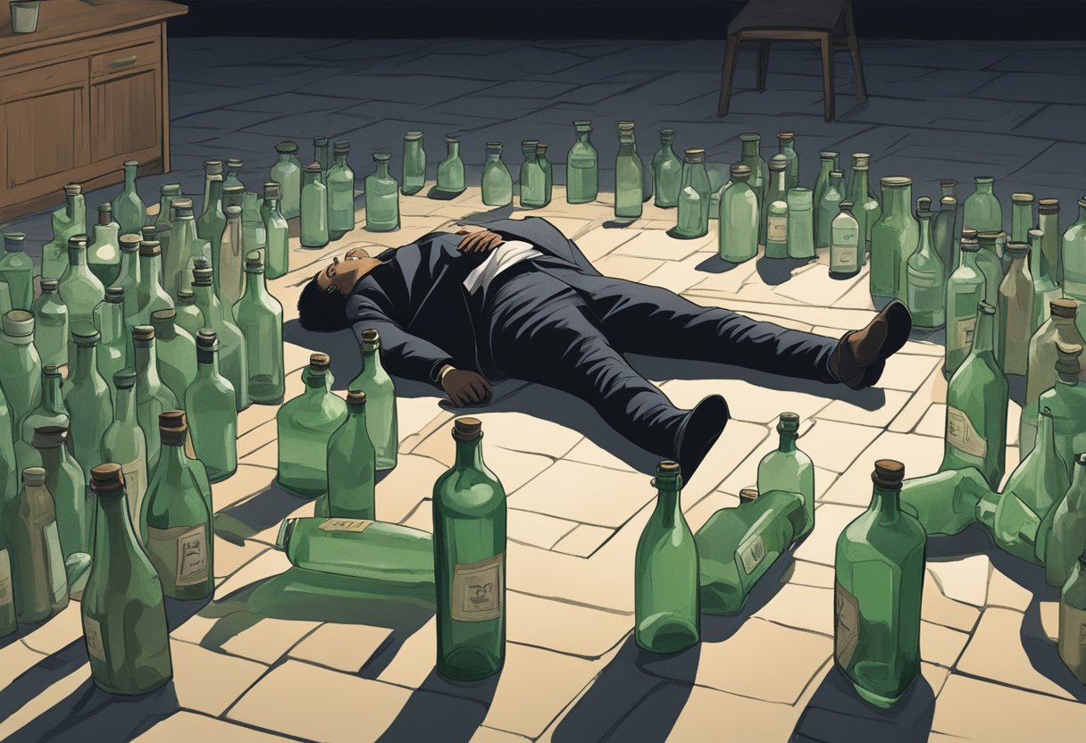 A dark and shadowy figure looms over a person lying on the ground, surrounded by empty bottles and a sense of despair
