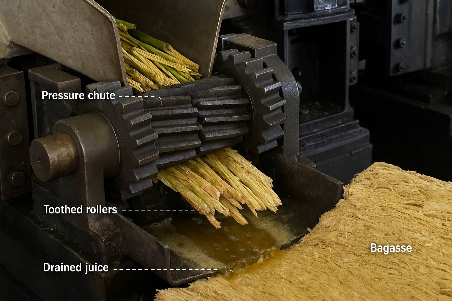 Material feeding, compaction and discharge process of sugar mill toothed roller pressure feeders 