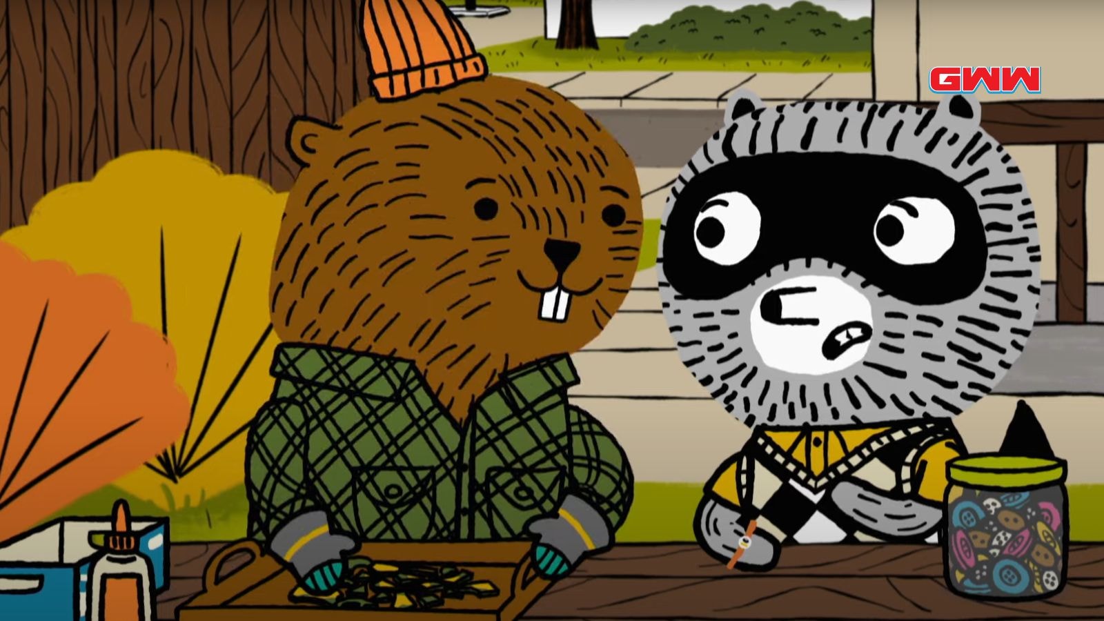 Carl the raccoon talking to a beaver friend while organizing collectibles.