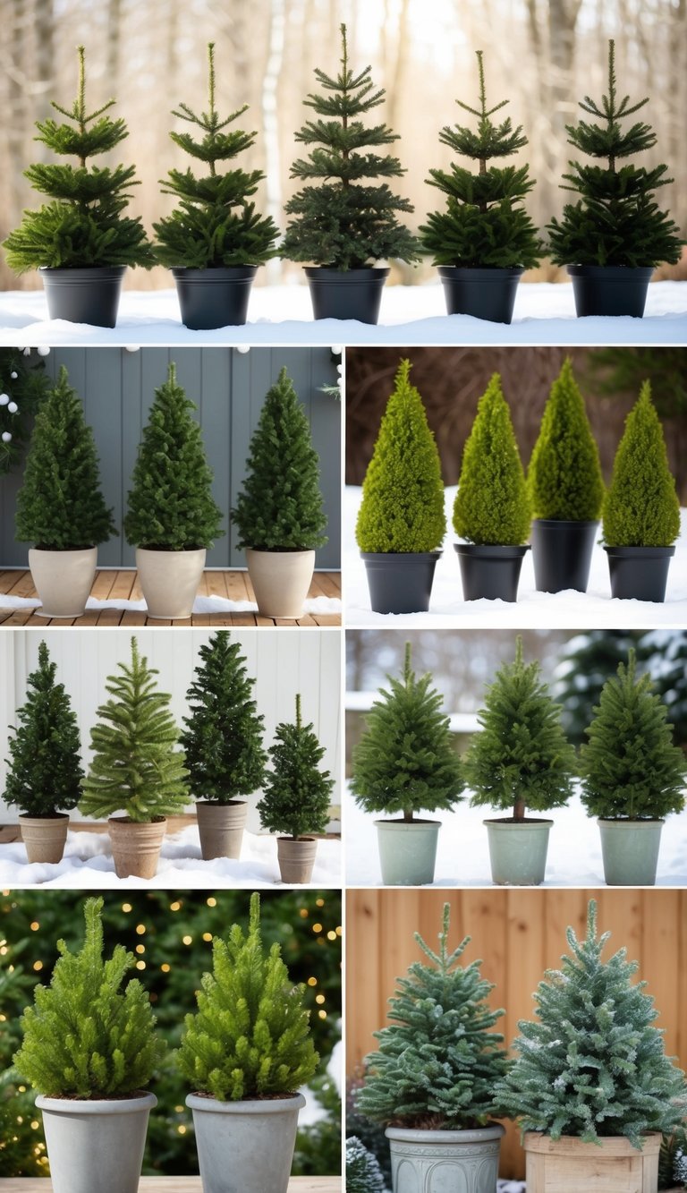 A collection of dwarf conifer trees arranged in various winter planters, showcasing 21 different ideas for seasonal decor