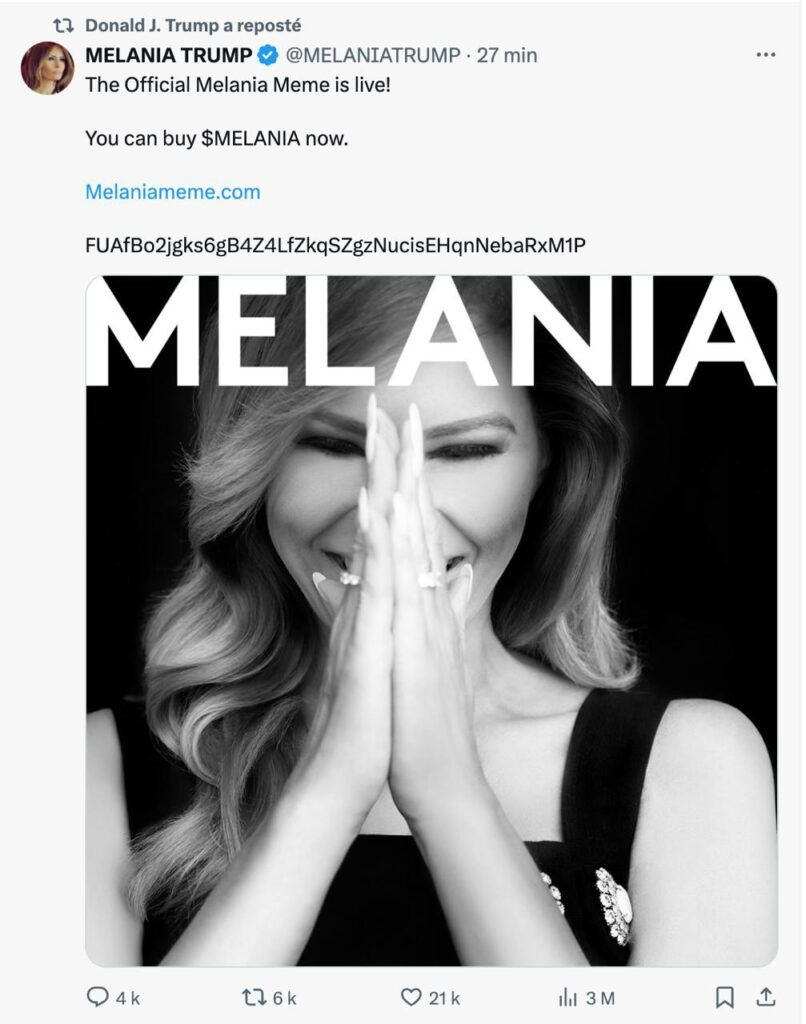 Tweet de MELANIA Trump anuncia lançamento da memecoin MELANIA