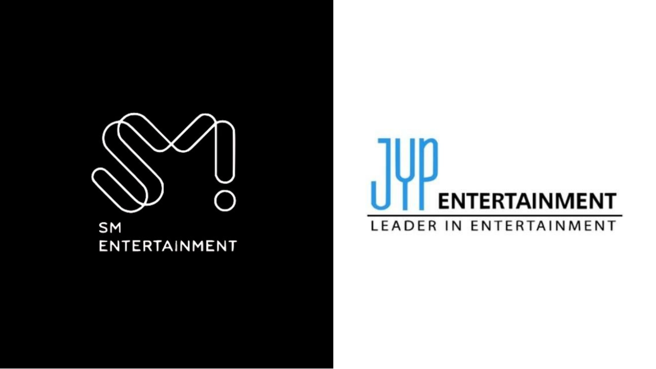 This contains an image of SM Entertainment and JYP Entertainment logo