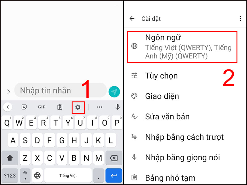 Nhấn vào biểu tượng cài đặt, chọn Ngôn ngữ