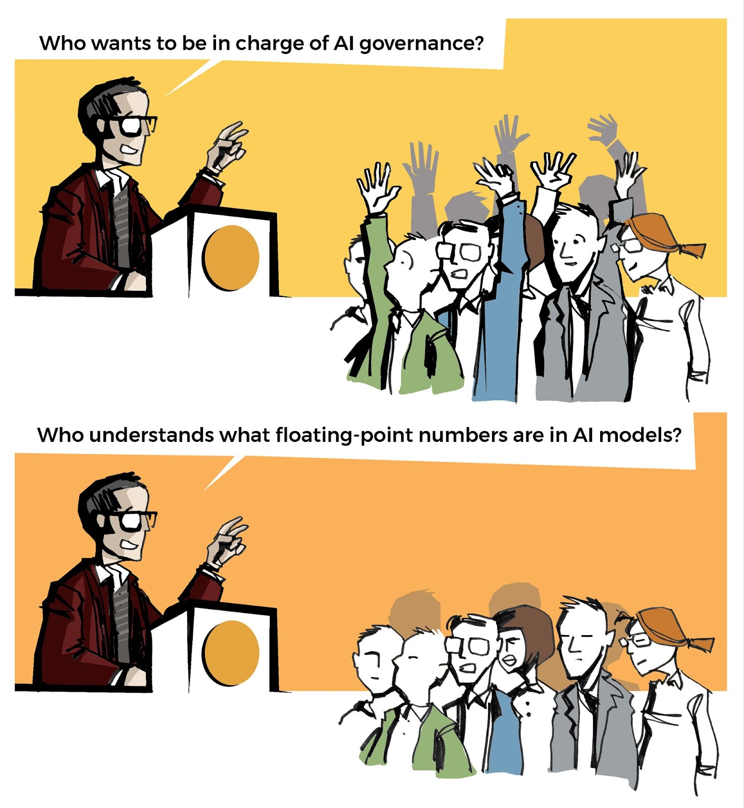 The image shows two sketches of a speaker asking a question to an audience. In the first the speaker asks 'Who wants to be in charge of AI governance?' and everyone in the audience has a hand raised. In the second the speaker asks 'Who understands what floating-point numbers are in AI models?' and none of the audience has a raised hand.