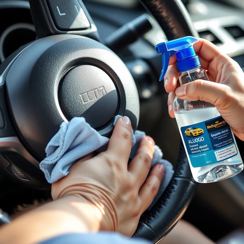 Cleaning a steering wheel with alcohol and microfiber cloth