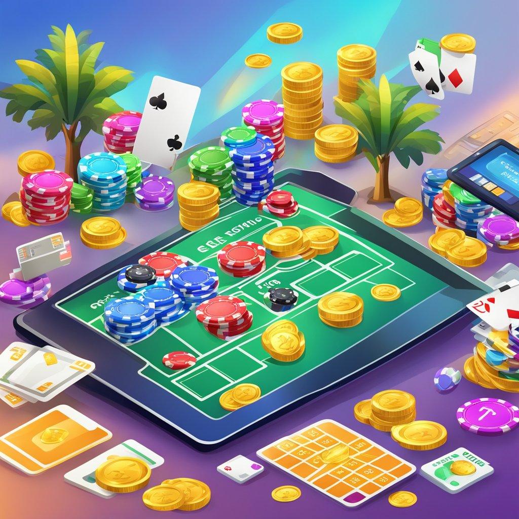 A colorful online casino landscape with various safe and fast payment options displayed, including credit cards, e-wallets, and cryptocurrency