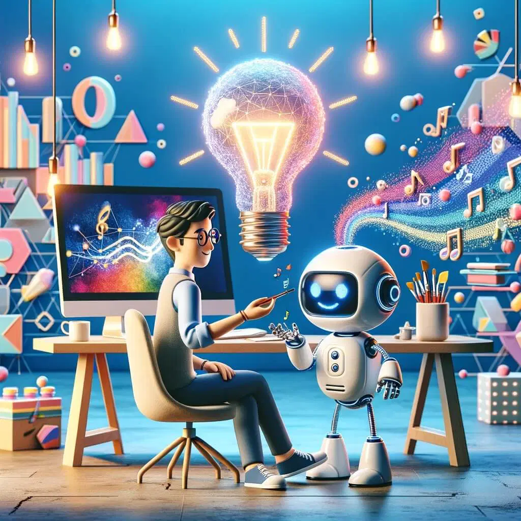 A person sits at a desk interacting with a small robot. Various objects, like a glowing lightbulb, musical notes, and abstract shapes, surround them. A computer screen displays a colorful, musical design. The scene is vibrant and futuristic.