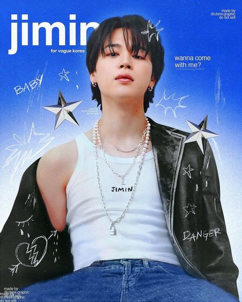 This contains an image of BTS's Jimin  on a black jacket ,white singlet and a blue trouser