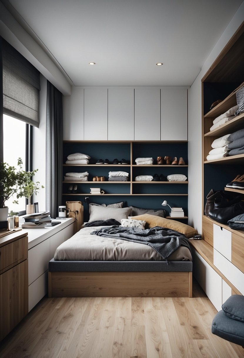 A bed with under-bed storage compartments filled with neatly organized items, such as shoes, clothes, and bedding. The room is tidy and spacious, with the bed as the focal point