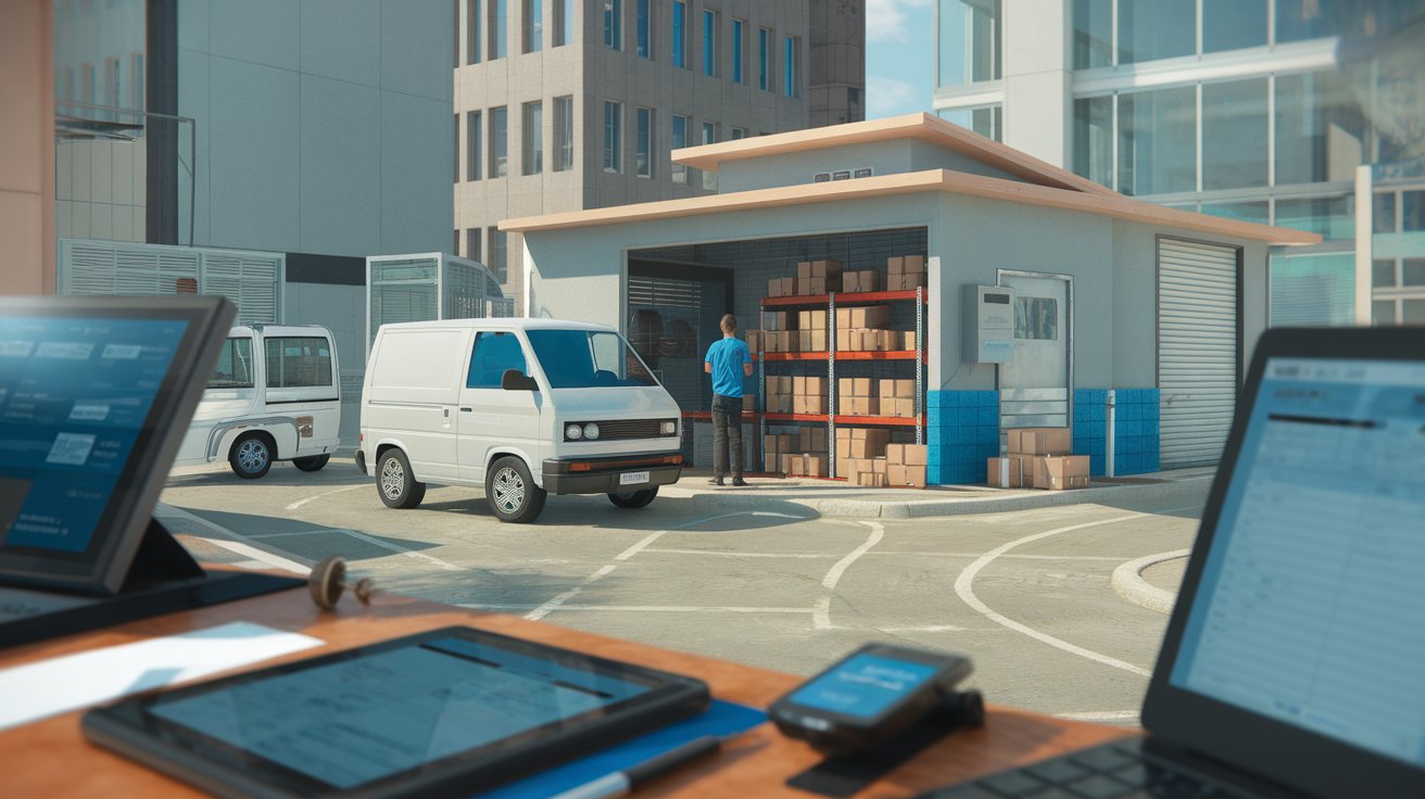 Small business logistics hub featuring a compact warehouse with shelves of packages, a delivery van being loaded, and digital tools like tablets and inventory software visible in the foreground. The scene emphasizes agile logistics solutions supported by advanced enterprise-level resources, showcasing efficiency and technology 