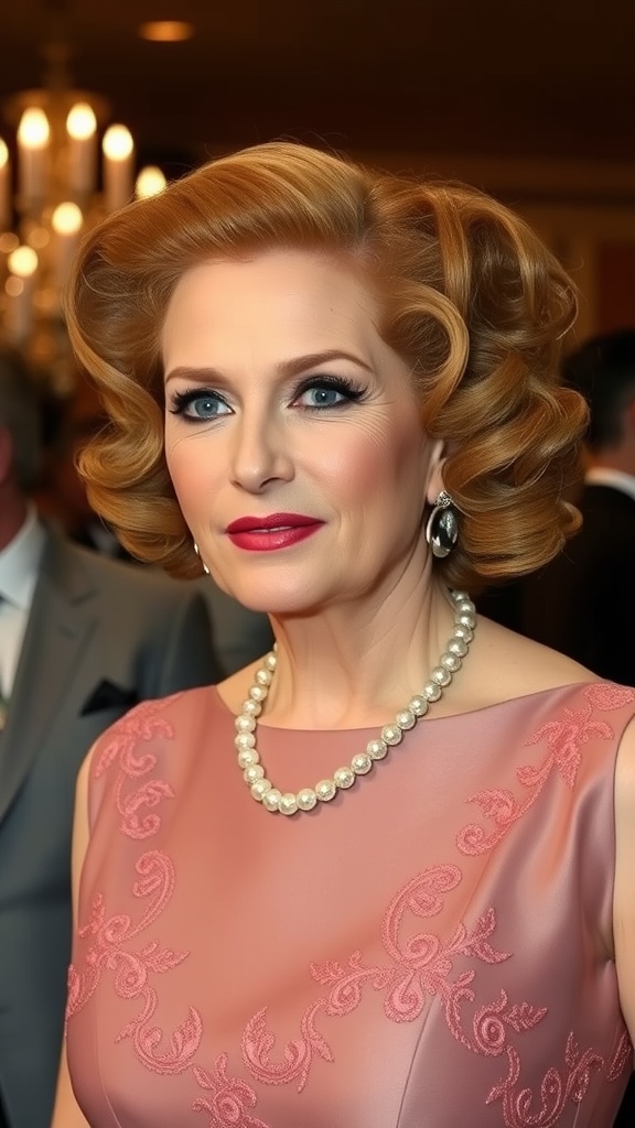 A woman with vintage-inspired waves hairstyle, wearing a pink dress and pearl necklace, with glamorous makeup.