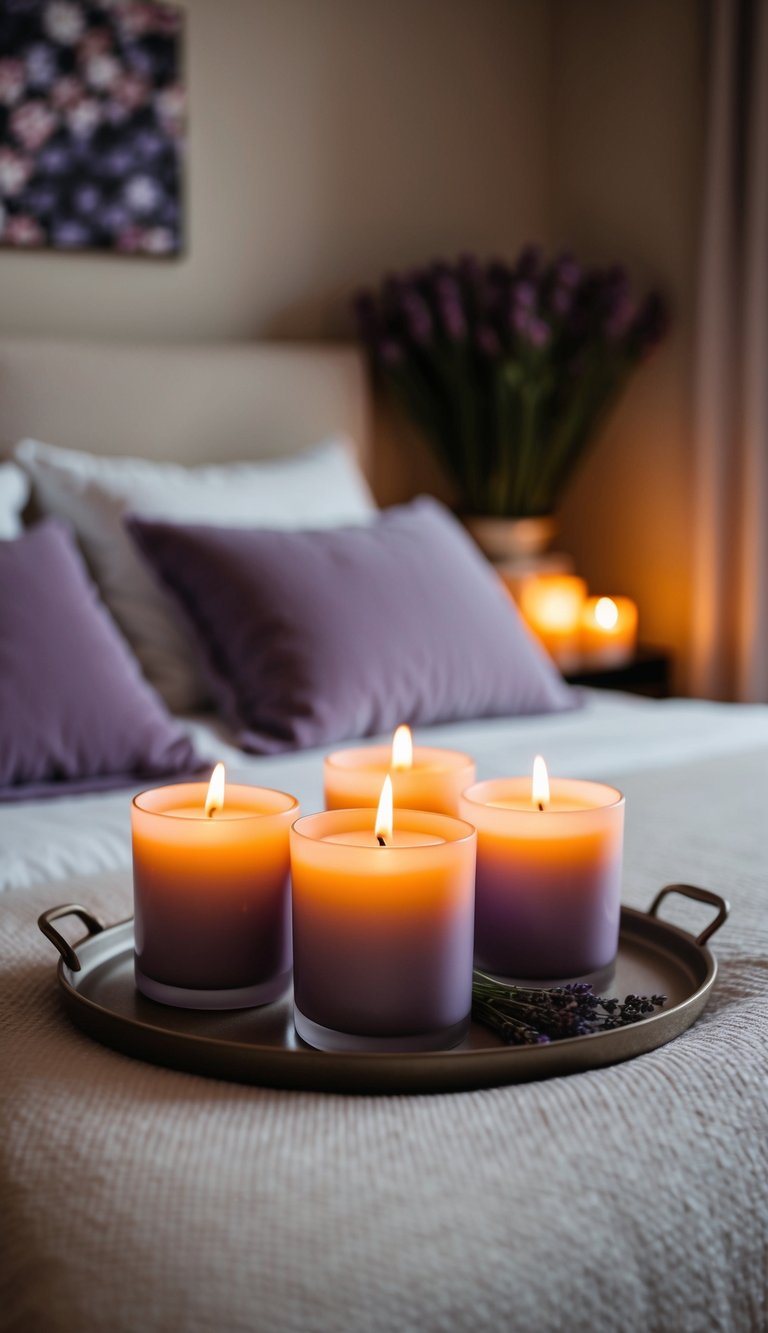 A cozy master bedroom with soft, lavender-scented candles casting a warm glow, creating a romantic and relaxing atmosphere