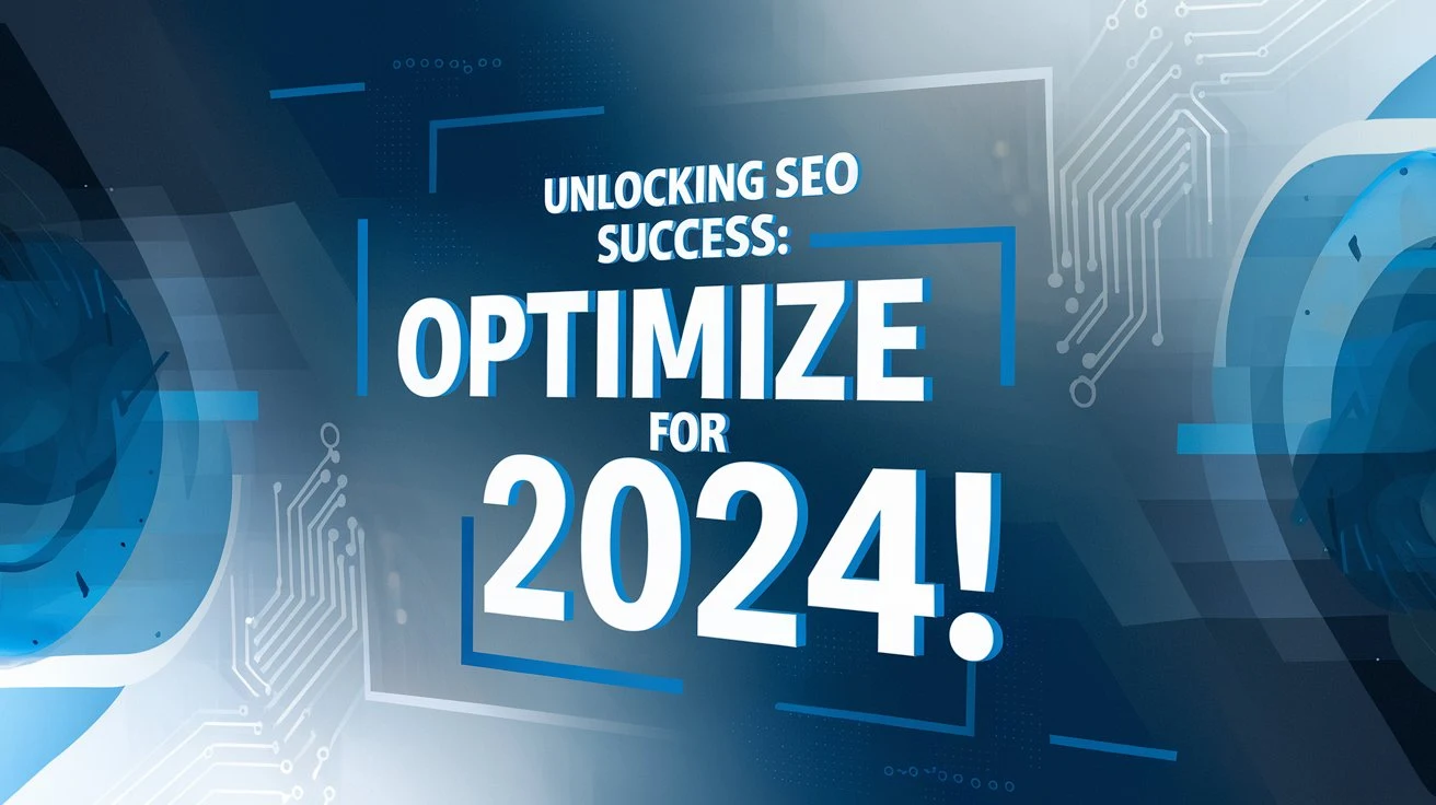 A modern graphic with a blue and white gradient background, featuring bold text that reads "Unlocking SEO Success: Optimize for 2024!" surrounded by digital circuit patterns.