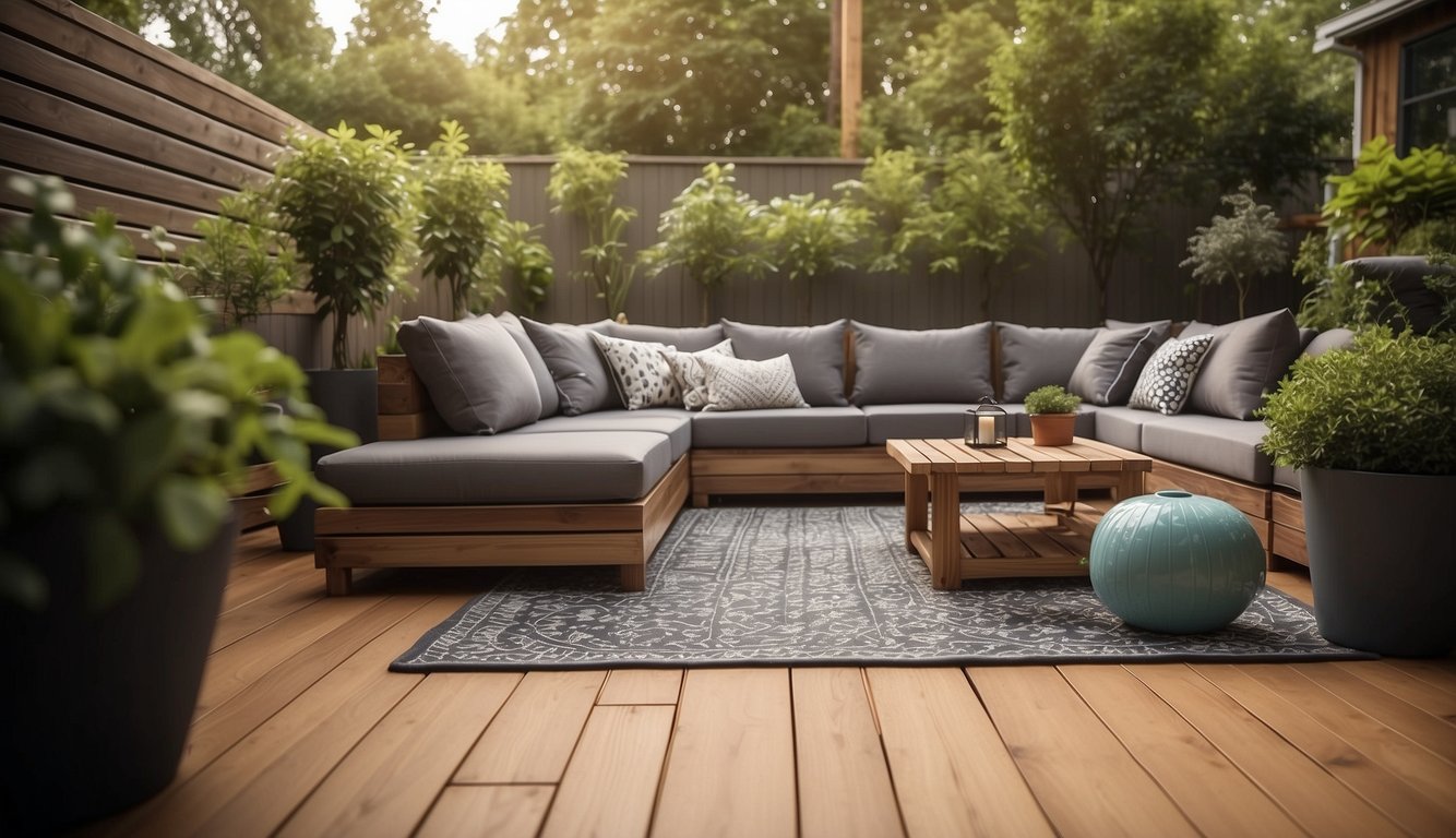 A backyard patio with spc flooring, surrounded by greenery and outdoor furniture