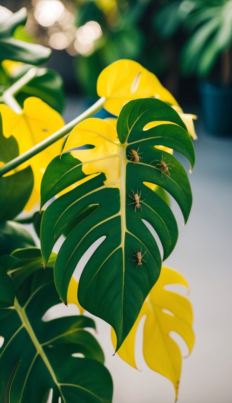 A monstera plant with yellowing leaves and aphids crawling on the stems