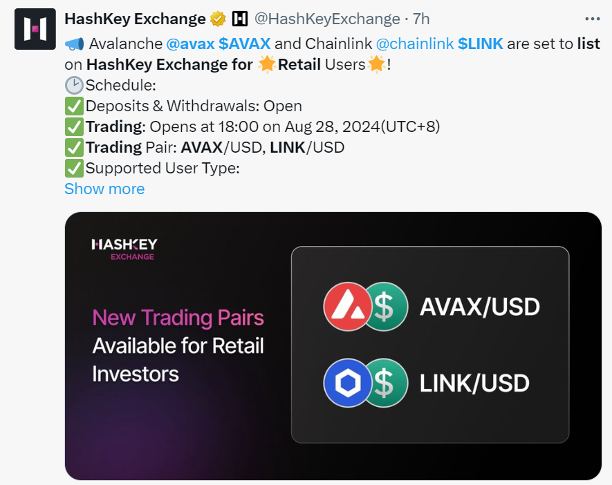 Hashkey adds avax and link