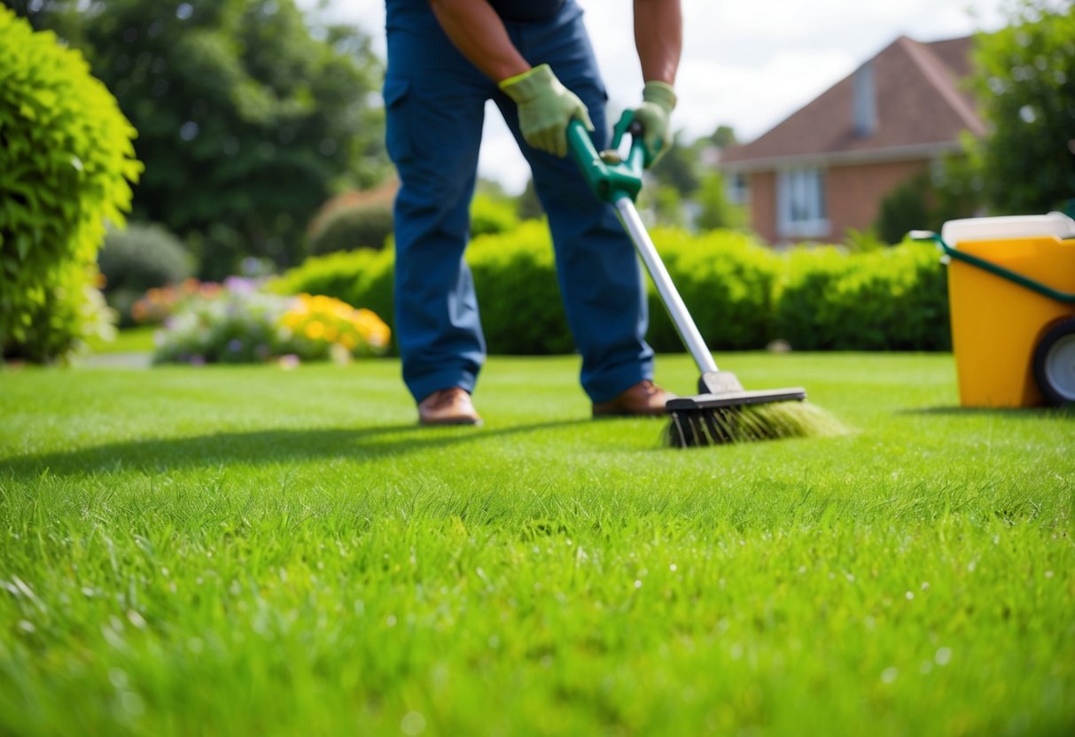 A lush green lawn being maintained with natural fertilizers and hand tools. No chemical pesticides or synthetic products in sight