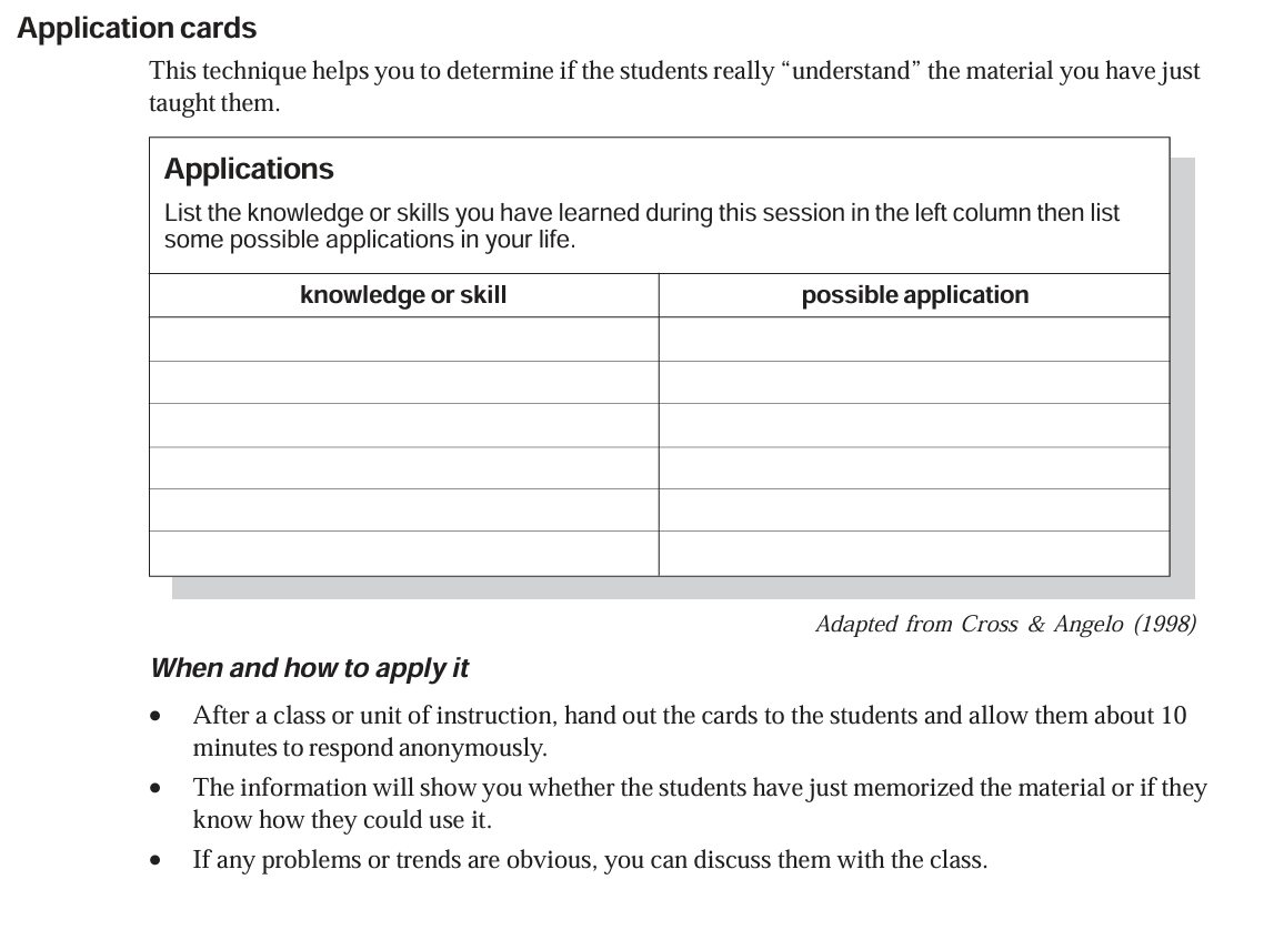 Application Card as a two-column table asking learners to list the skills or knowledge they required in one column and how to apply it beyond the classroom in the second column. 