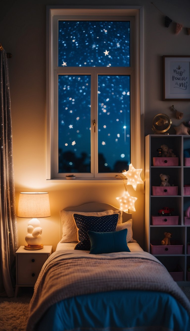 A cozy kids' bedroom with a starry night lamp illuminating the room, creating a peaceful and dreamy atmosphere