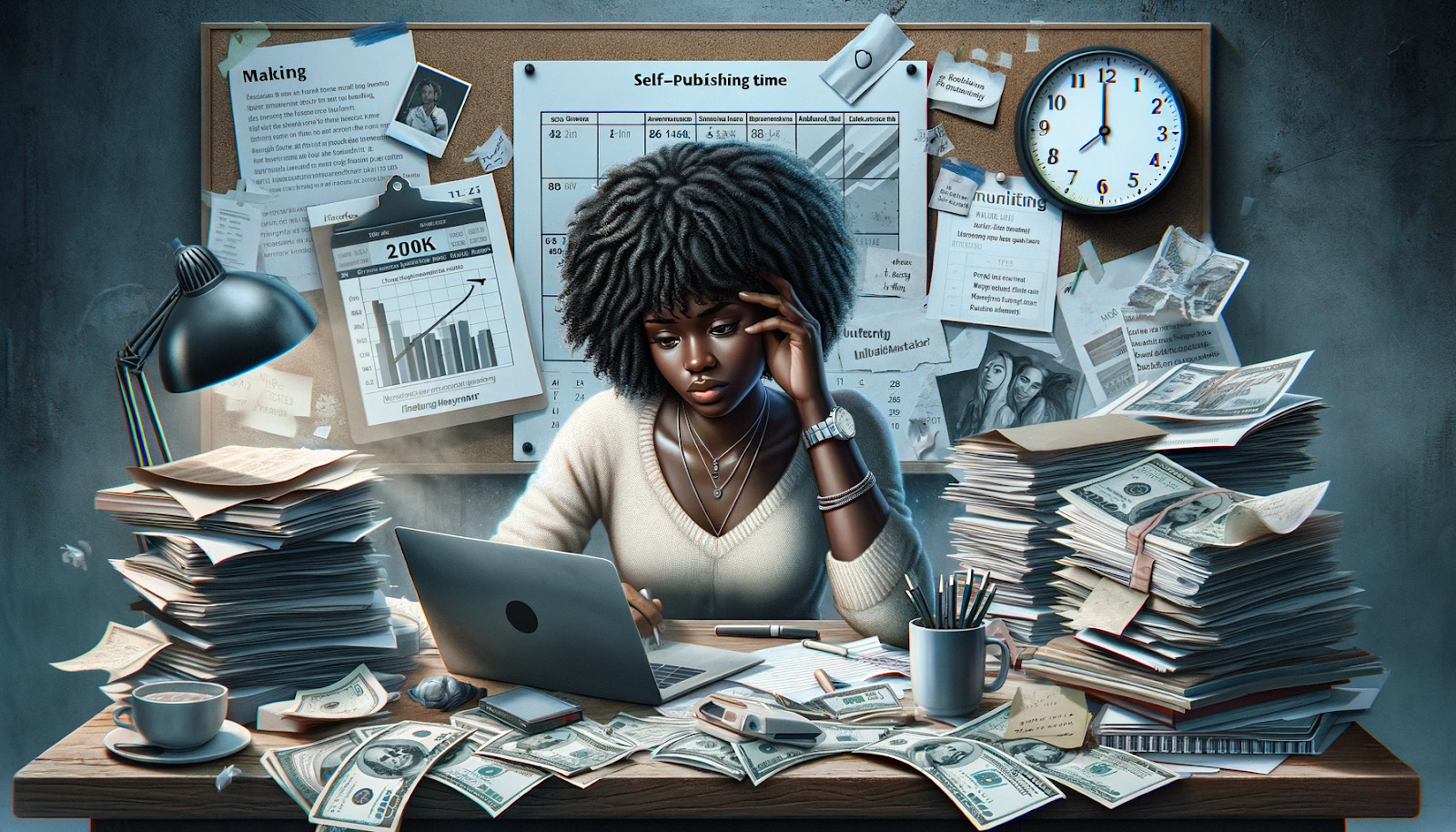  focused self-publishing author working at a cluttered desk, surrounded by stacks of papers, dollar bills, and a bulletin board displaying graphs, timelines, and notes about publishing goals