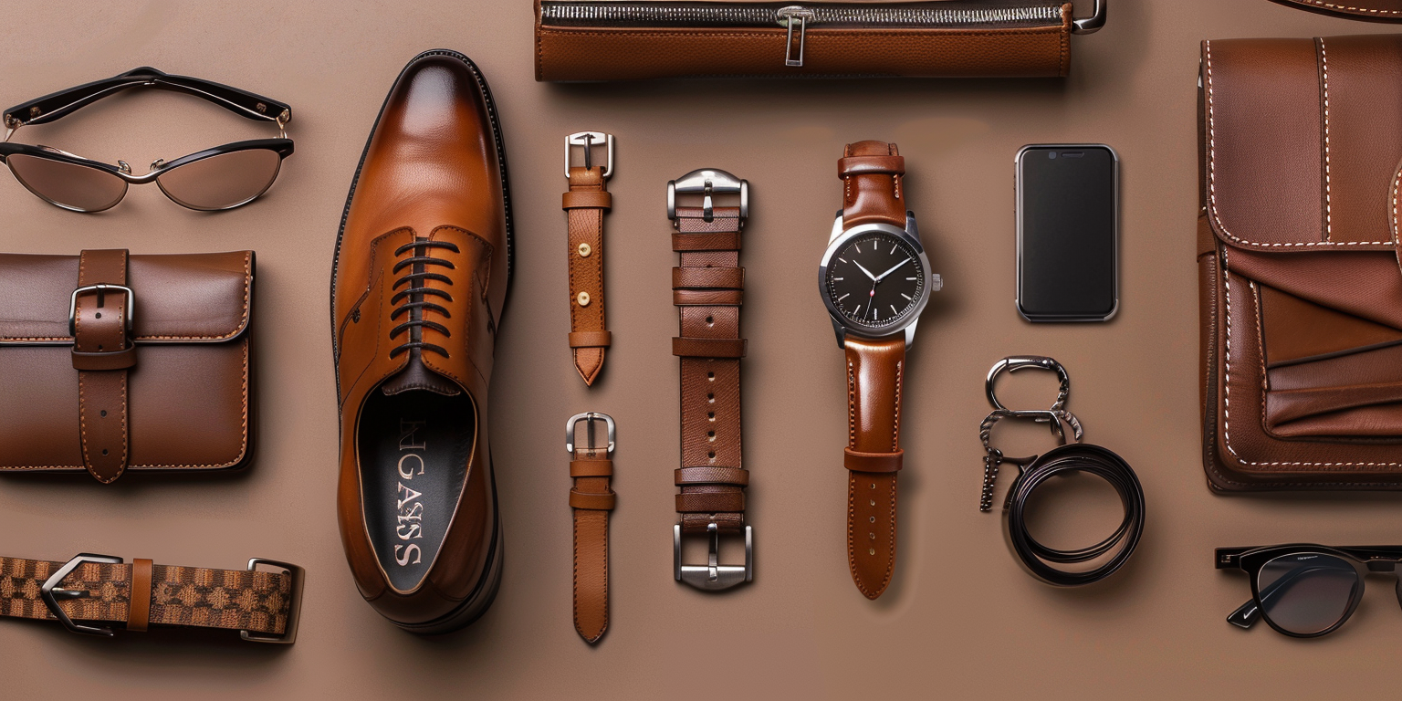 Flat lay of men’s business casual accessories on a neutral background: matching leather belt and dress shoes (brown or black), simple analog wristwatch with leather strap, slim leather briefcase or messenger bag, subtle eyeglasses, and minimal tie, pocket square, and cufflinks. Style is clean, understated, and professional. Clearly avoid flashy jewelry or bold items.