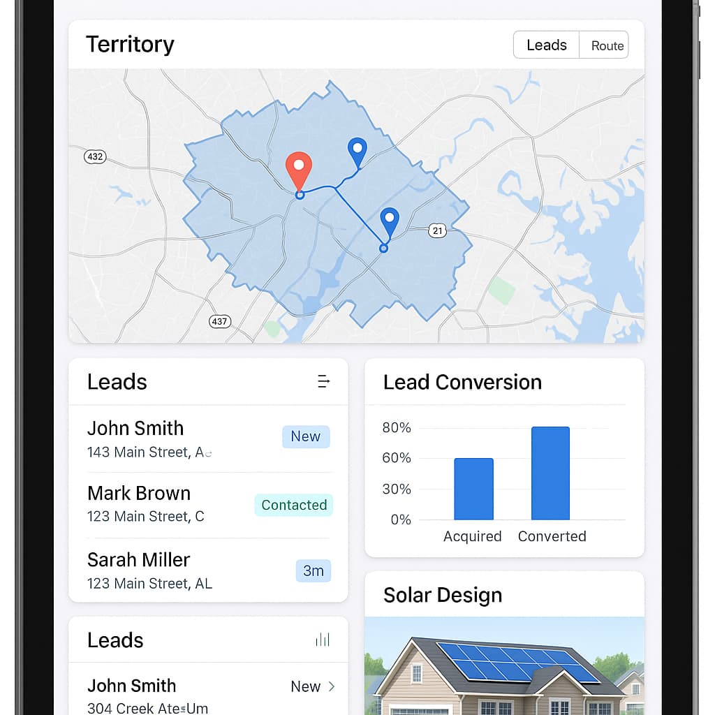 Mobile CRM and solar design software dashboard showing lead generation technology tools for door-to-door sales teams.
