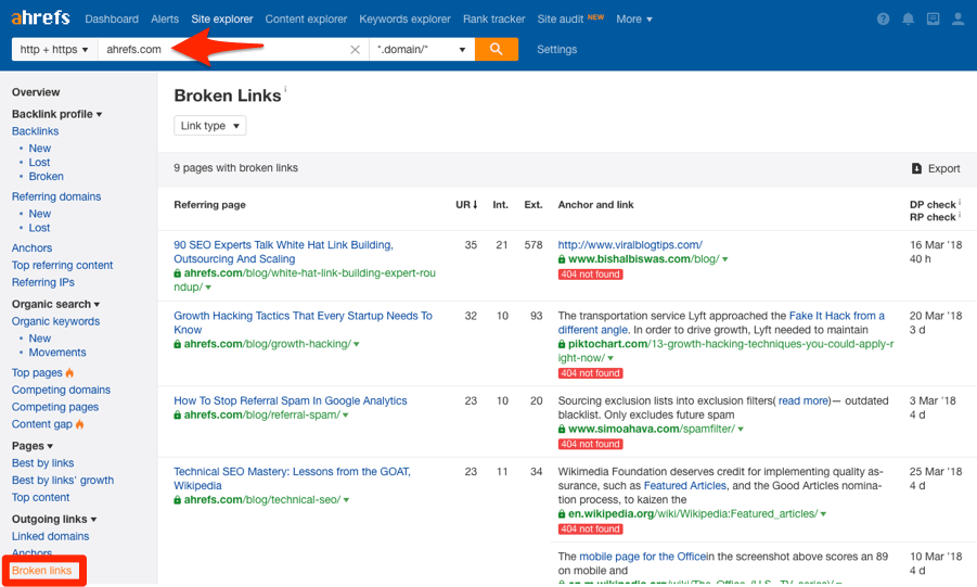 Ahrefs broken links detector 