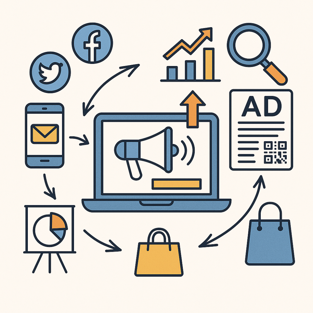 Illustration of multichannel product marketing showing a laptop with a megaphone surrounded by icons for social media, email, analytics, shopping bags, and ads, all connected with arrows.