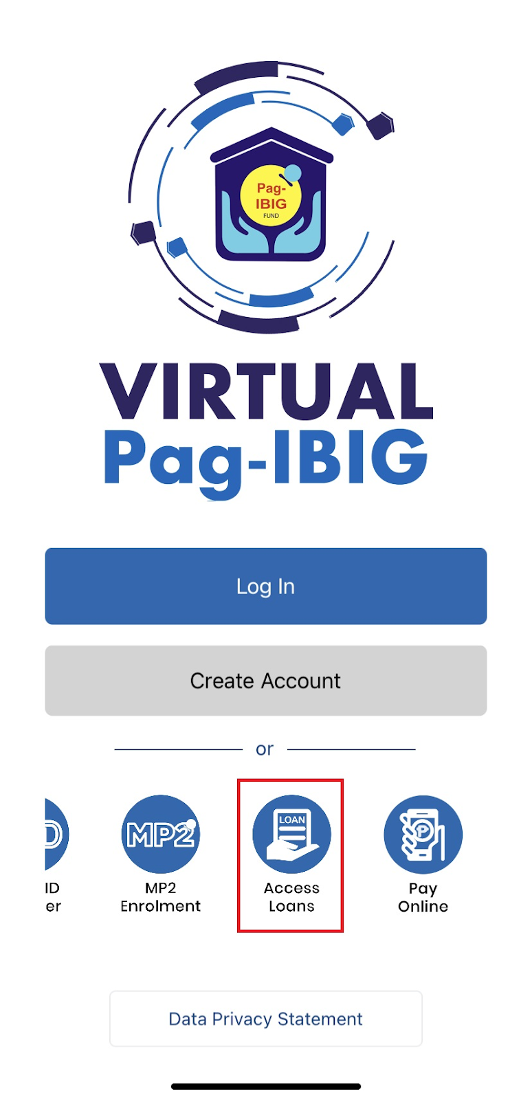 highlight of access loans button on virtual pag-ibig mobile app.