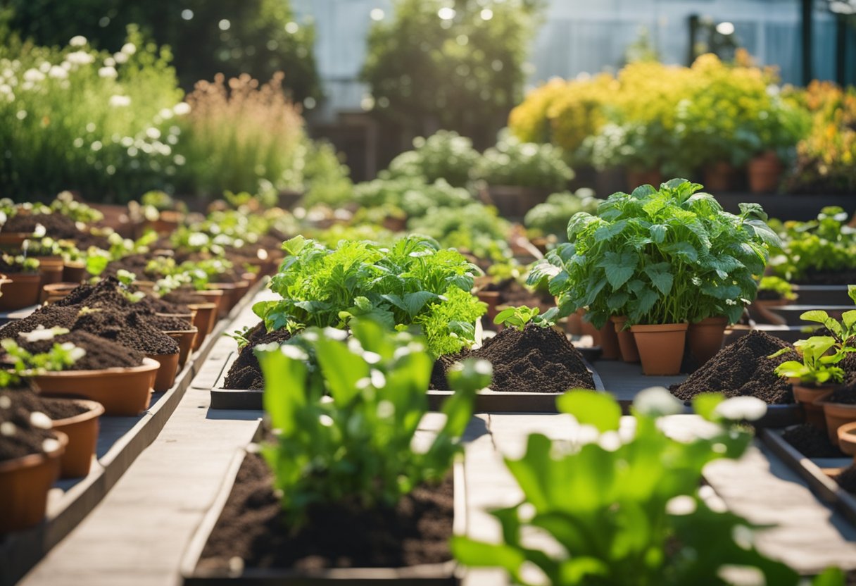 A lush garden with vibrant, healthy plants surrounded by bags of natural fertilizers made from compost, manure, and other organic materials