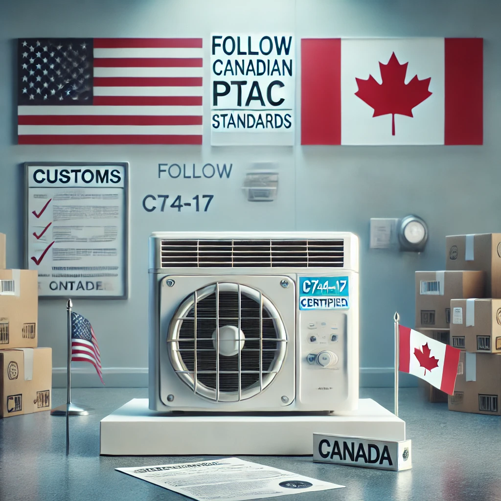 Follow Canadian PTAC Standards
Alt Text: PTAC inspection scene at U.S.–Canada border with flags and a certified label indicating compliance.