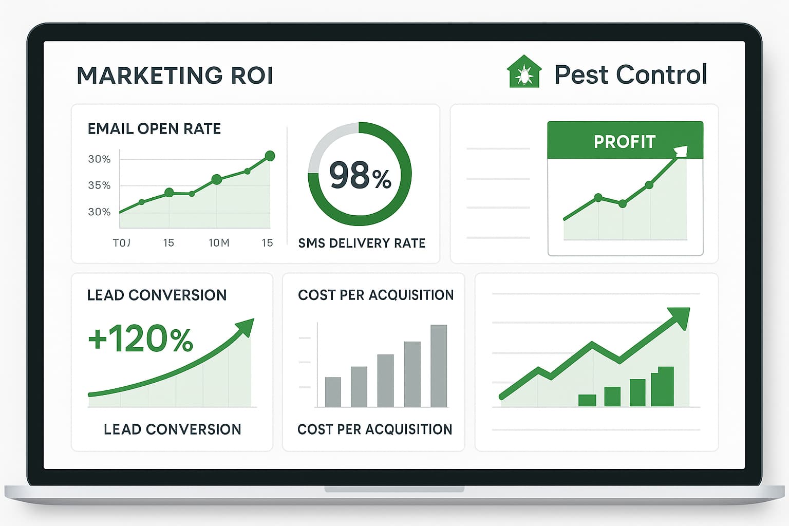 Pest control marketing analytics dashboard showing lead nurturing ROI metrics and conversion tracking for growing pest control business.