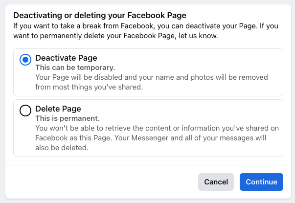 Deactivate Page and Delete Page options on Facebook