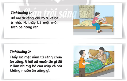 CHỦ ĐỀ 4. CHIA SẺ TRÁCH NGHIỆM TRONG GIA ĐÌNH Tìm hiểu cách chăm sóc người thân khi bị mệt, ốmCâu 1: Chỉ ra biểu hiện và mong muốn của người bị mệt, ốm trong gia đình em.Đáp án chuẩn:- Triệu chứng mệt mỏi: đau đầu, hoa mắt, chóng mặt...- Tinh thần sa sút, dễ khó chịu, nổi cáu.- Thiếu hứng thú trong học tập, công việc...Câu 2: Nêu những cách em chăm sóc khi người thân bị mệt, ốm.Đáp án chuẩn:- Hỏi han về tình trạng sức khoẻ của người thân.- Đỡ họ nằm lên giường nghỉ ngơi.- Cặp nhiệt độ, chườm bằng khăn ấm.Thực hiện chăm sóc người thân bị mệt, ốmCâu 1: Đóng vai thực hành kĩ năng chăm sóc người thân bị mệt, ốm trong các tình huống sau:Đáp án chuẩn:* Tình huống 1: Cặp nhiệt độ, gọi điện báo cho bố mẹ.* Tình huống 2: Hỏi han tình hình sức khoẻ của bố, gọi điện báo cho mẹ.Câu 2: Chia sẻ cảm xúc của em và người thân khi em chăm sóc người thân ân cần, chu đáo.Đáp án chuẩn:Thoải mái, dễ chịu, biết ơn (người nhỏ tuổi hơn) khi em chăm sóc ân cần, chu đáo.Lắng nghe những chia sẻ từ người thânCâu 1: Thể hiện sự sẵn sàng lắng nghe người thân chia sẻ theo gợi ý sau:Đáp án chuẩn:- Nhìn vào mặt người thân, không né tránh.- Tập trung lắng nghe.- Phản hồi rõ ràng.Câu 2: Thể hiện sự lắng nghe tích cực những chia sẻ của người thân theo gợi ý sau:Đáp án chuẩn:Học sinh tự thực hiện.Câu 3: Thực hành lắng nghe chia sẻ của người thân về những vấn đề trong cuộc sống ở các trường hợp sau:Đáp án chuẩn:- Trường hợp 1: Cùng người thân chia sẻ niềm vui.- Trường hợp 2: Lắng nghe, động viên và hỏi xem mình có thể giúp gì.- Trường hợp 3: Hỏi han, lắng nghe, đồng cảm, an ủi và động viên.- Trường hợp 4: Động viên, khích lệ, cổ vũ sở thích riêng của người thân.Lắng nghe tích cực lời góp ý của bố mẹCâu 1: Đóng vai thể hiện sự lắng nghe tích cực lời góp ý của bố mẹ trong các tình huống sau theo gợi ý:Đáp án chuẩn:- Tình huống 1: Chủ động xin lỗi mẹ, trình bày lý do sai hẹn và hứa không tái phạm.- Tình huống 2: Hít thở sâu, bình tĩnh giải thích lý do về muộn, xin lỗi bố mẹ và hứa không tái diễn.Lập và thực hiện kế hoạch lao động tại gia đìnhCâu 1: Lập kế hoạch lao động tổng vệ sinh nhà cửa theo các bước sau:Đáp án chuẩn:STTNhững việc cần làmDụng cụ cần chuẩn bịThời gian thực hiệnNgười thực hiện1Quét nhàChổi, đồ hót rácSáng chủ nhậtChị gái2Sắp xếp bàn họcBút, giấy nhớSáng chủ nhậtTự làm3Thay vỏ chăn gốiVỏ chăn gối mớiChiều chủ nhậtEm và chị4Lau bàn, ghếKhăn, chậu đựng nướcChiều chủ nhậtTự làmCâu 2: Chia sẻ ý kiến của người thân về kế hoạch lao động dọn dẹp nhà cửa em đã lập. Cùng người thân thực hiện kế hoạch đặt ra.Đáp án chuẩn:Ý kiến của người thân về kế hoạch lao động dọn dẹp nhà cửa em đã lập: đồng ý, tán thành, ủng hộ.Câu 3: Chia sẻ kết quả và ý nghĩa của việc cùng người thân thực hiện những việc chung trong gia đình.Đáp án chuẩn:- Rèn luyện kỹ năng sống.- Xây dựng tình cảm gia đình gắn bó.- Giữ nhà cửa gọn gàng, tiết kiệm thời gian dọn dẹp.Câu 4: Chia sẻ một bức ảnh chụp cảnh nhà em sau khi được dọn dẹp và trang trí.Đáp án chuẩn:Góp phần tạo dựng hạnh phúc gia đình