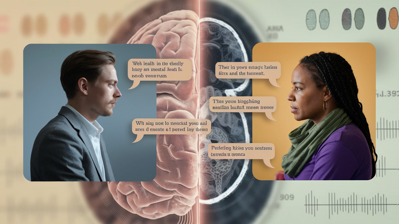 Create a realistic image of a split-screen view showing a white male therapist and a black female patient in separate video call windows, with AI-generated text bubbles hovering around them, highlighting potential biases in mental health diagnosis and treatment, set against a soft, blurred background of brain scans and psychological test results.