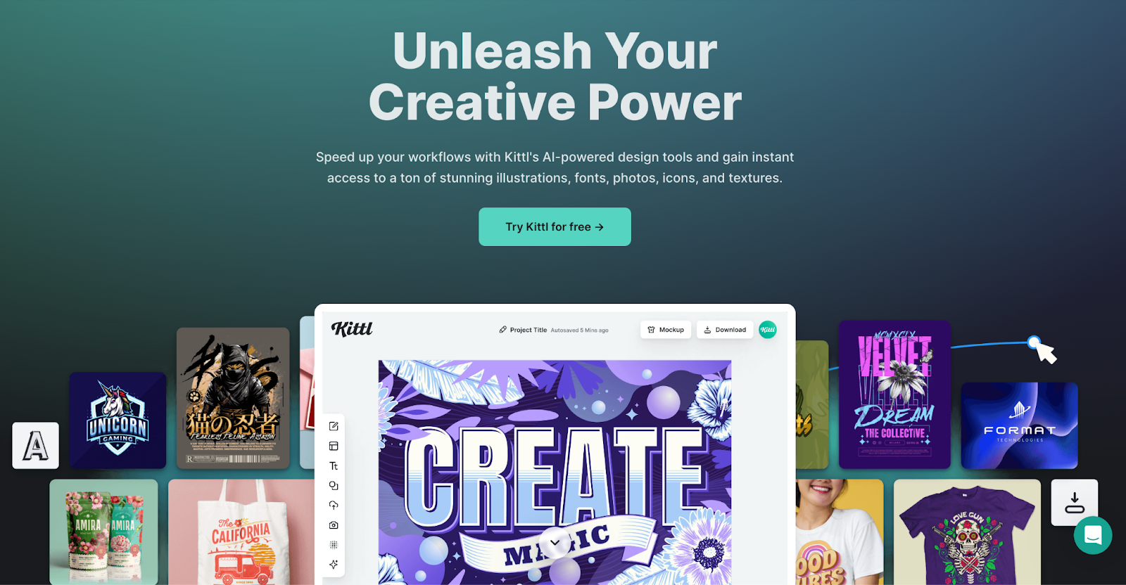 Kittl's home page that says" unleash your creative power"