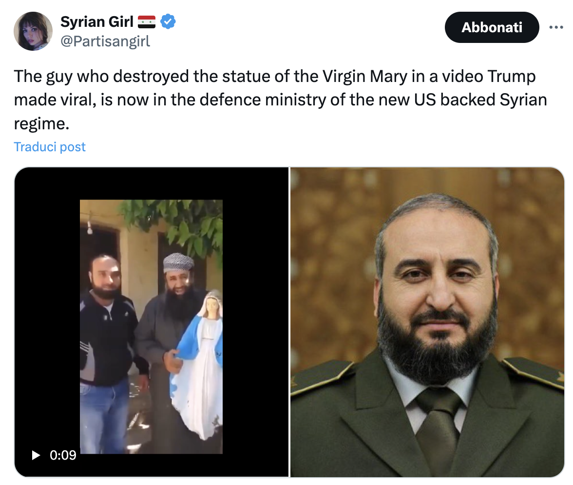 The guy who destroyed the statue of the Virgin Mary in a video Trump made viral, is now in the defence ministry of the new US backed Syrian regime.