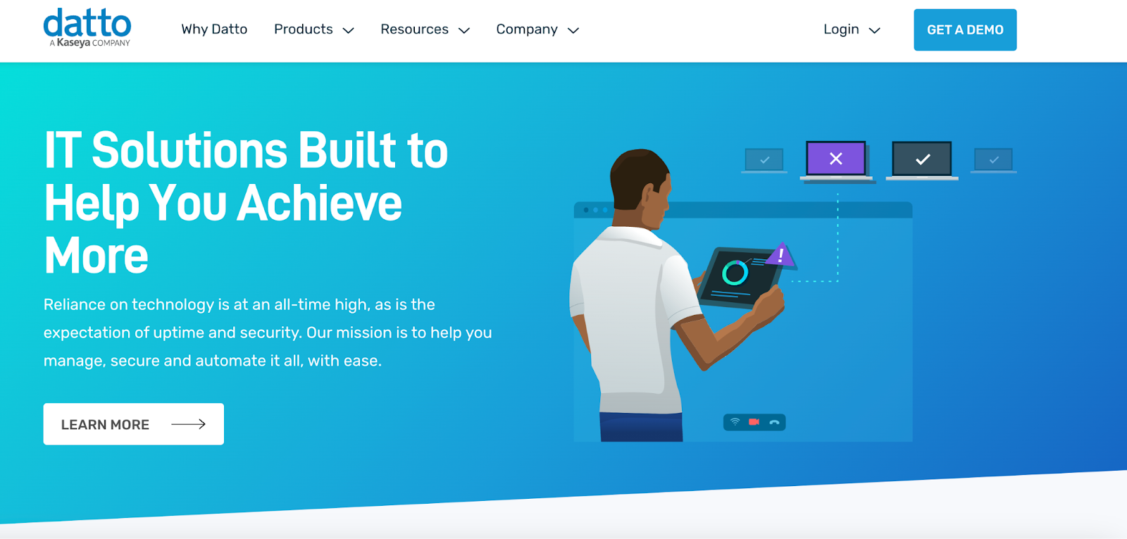 Datto - Best for PSA with disaster recovery support. It says, "IT solutions built to help you achieve more."