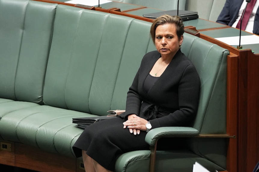 Rowland sits on the government benches in the lower house, arms folded.