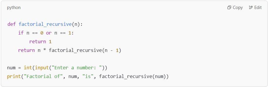 Factorial calculation using recursion in Python.