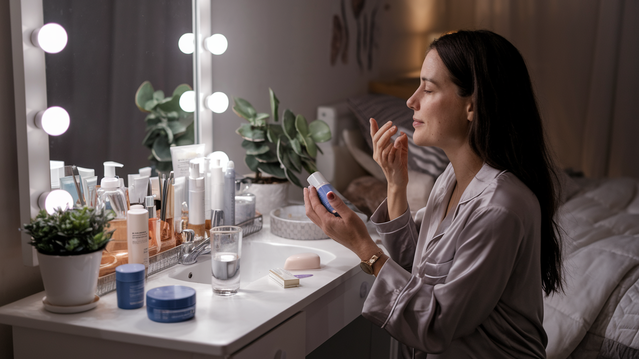Create a realistic image of a cozy, dimly lit bedroom with a white female in her 30s applying skincare products at a vanity table, wearing comfortable sleepwear, surrounded by an organized collection of nighttime skincare items, a glass of water, and a small potted plant, conveying a peaceful, sustainable evening self-care routine.