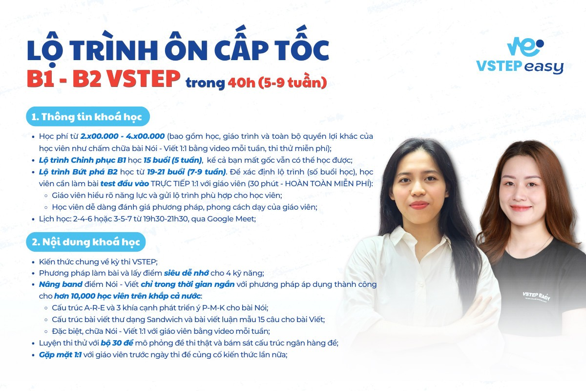 Lộ trình cấp tốc B1 - B2 VSTEP trong 40h (5-9 tuần) tại VSTEP EASY