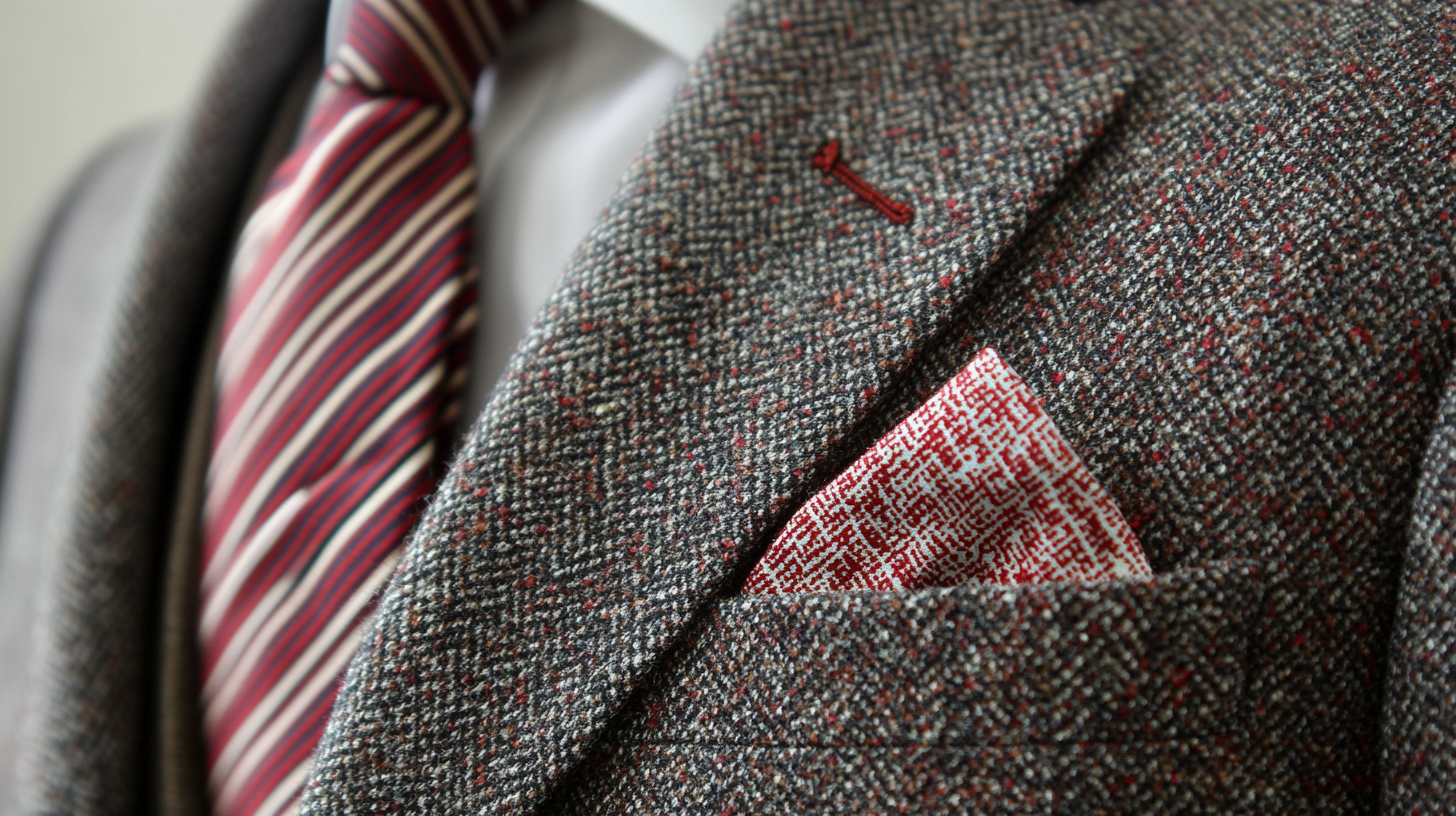 A close-up of a suit with a tie featuring red and white stripes, paired with a pocket square that incorporates a hint of red or white from the tie’s pattern. The pocket square harmonizes with the tie, creating a cohesive look without being too predictable. Soft lighting enhances the subtle connection between the two elements, providing a polished and stylish appearance, ideal for balanced and refined outfits