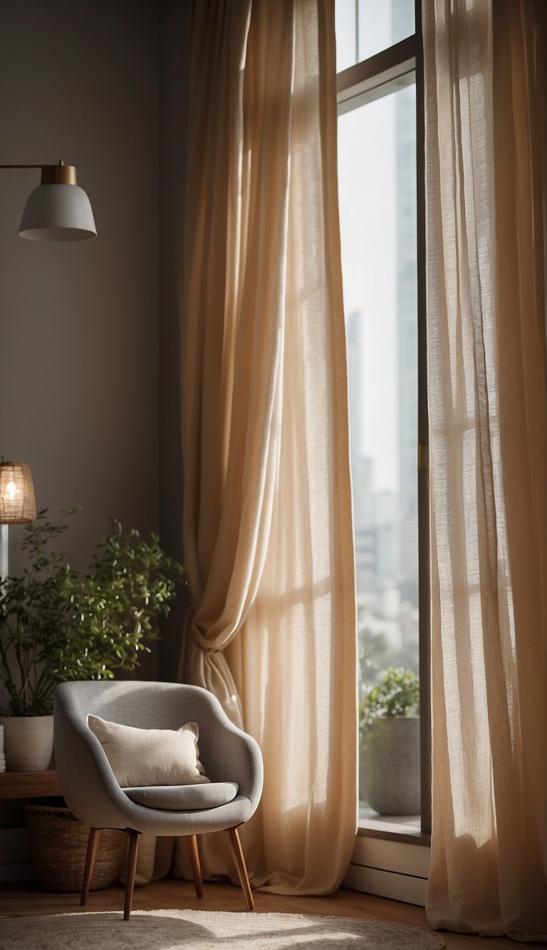 The soft, layered curtains gently sway in the breeze, creating a sense of intimacy and romance in the bedroom