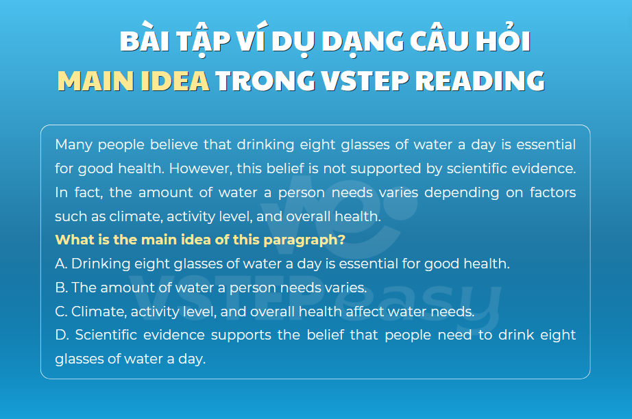 Bài tập ví dụ dạng câu hỏi Main Idea trong VSTEP Reading