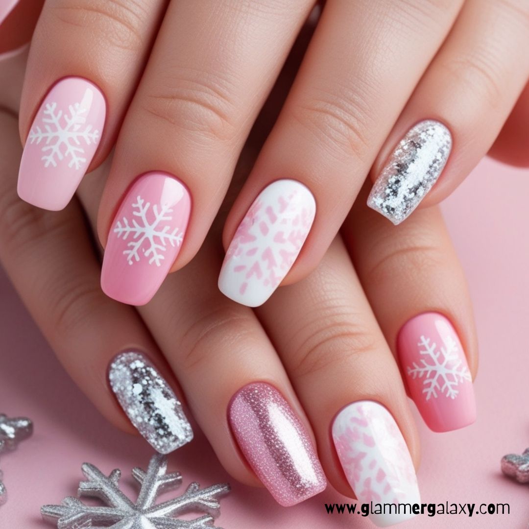 Cute Winter Nails having Pink Winter Wonderland
