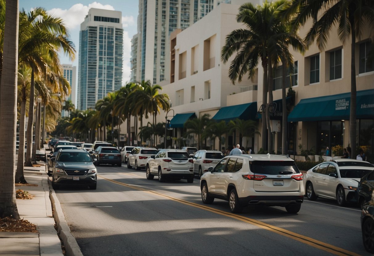 A bustling city street in Fort Lauderdale, with law offices lining the sidewalks and towering buildings in the background. A sense of urgency and determination fills the air as people search for injury lawyers